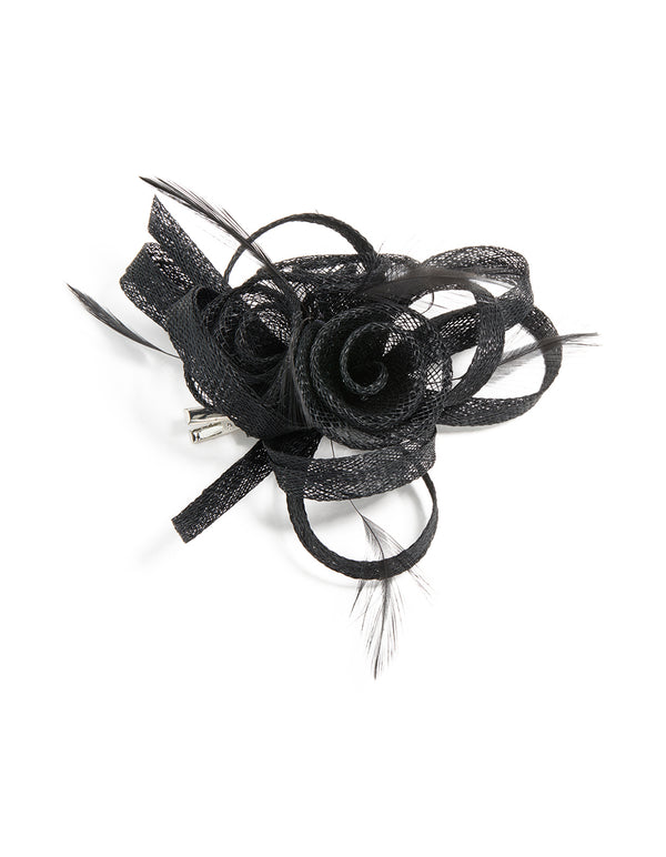 Black Sinamay Fabric  Swirl & Feather Hair Clip