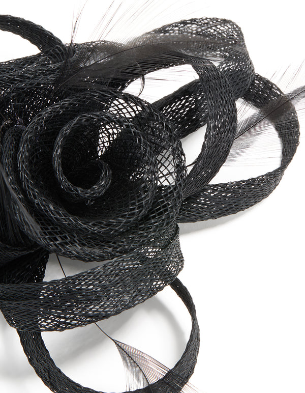 Black Sinamay Fabric  Swirl & Feather Hair Clip
