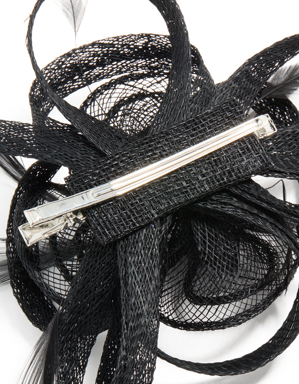 Black Sinamay Fabric  Swirl & Feather Hair Clip