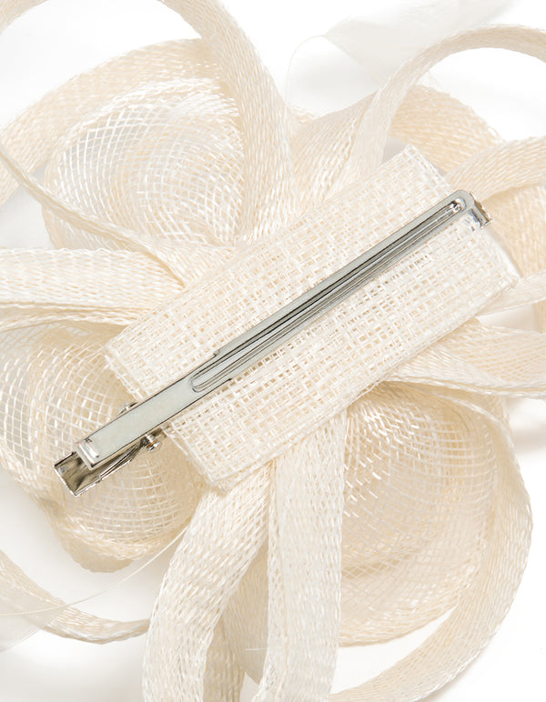 White Sinamay Fabric Feather Swirl Hair Clip