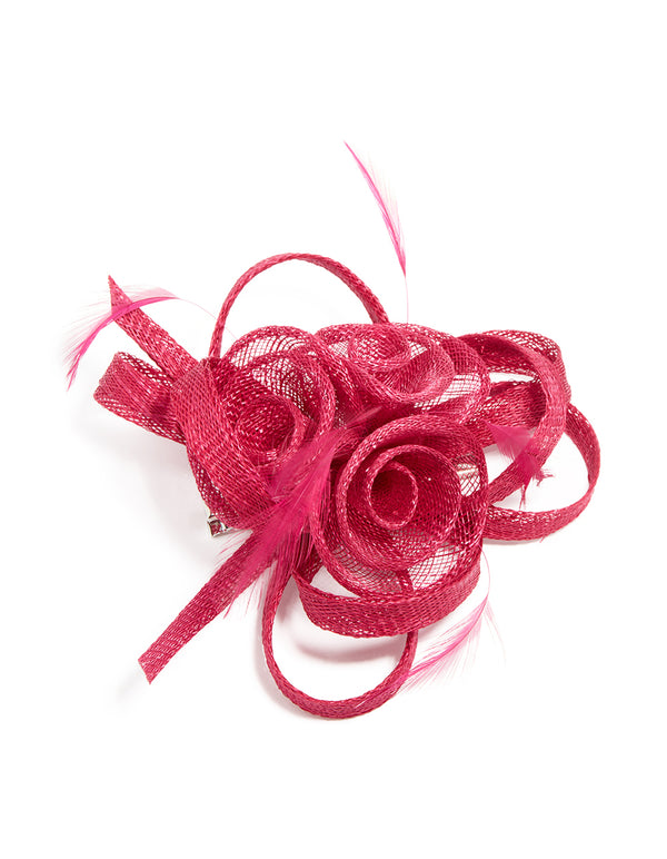 Maroon Sinamay Fabric Swirl & Feather Hair Clip