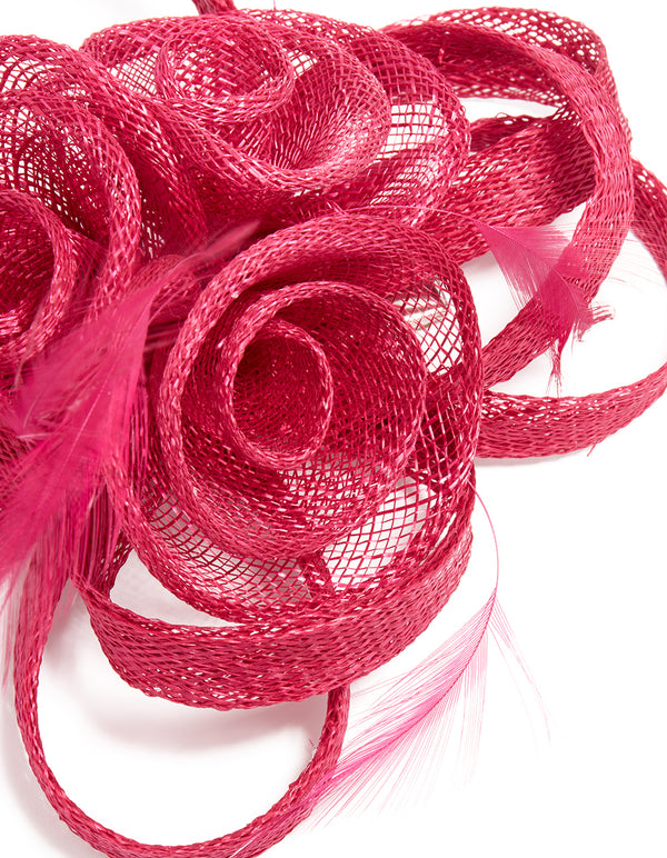 Maroon Sinamay Fabric Swirl & Feather Hair Clip