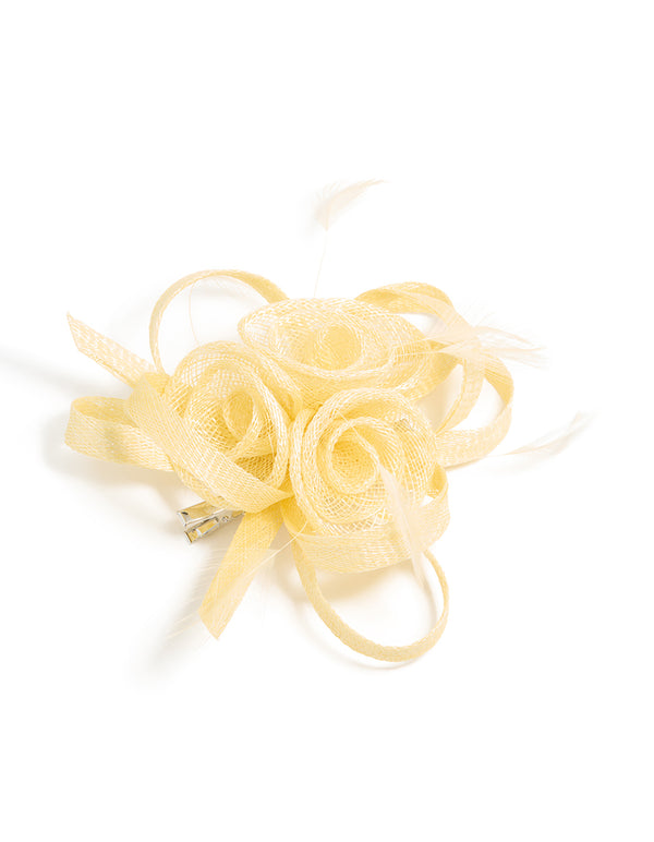Yellow Sinamay Fabric  Swirl & Feather Hair Clip