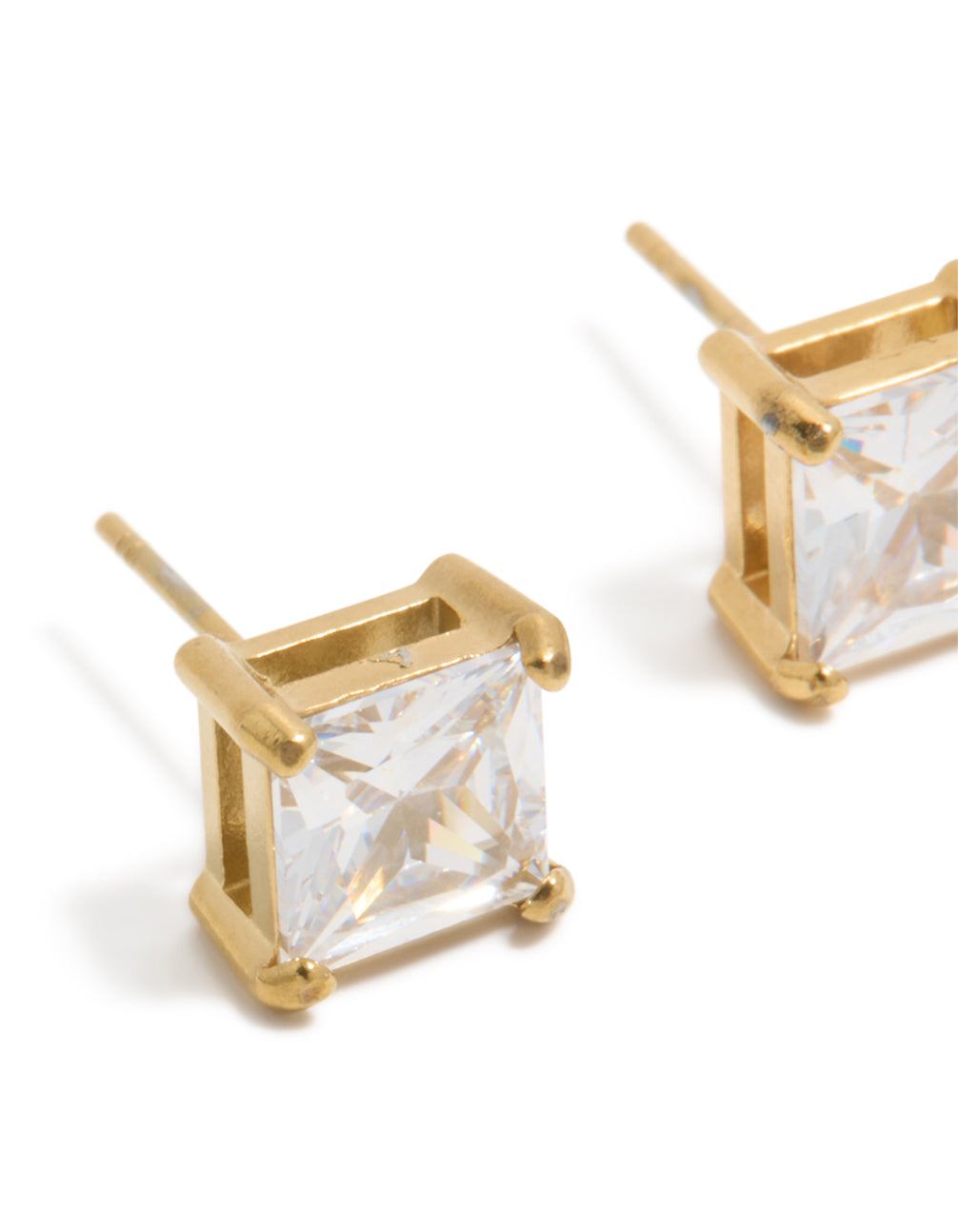 Mens Waterproof Gold Plated Stainless Steel Large Square Cubic Zirconia Stud Earrings