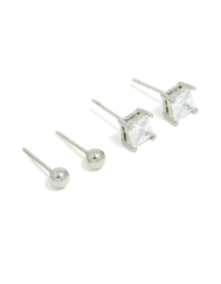 Mens Waterproof Stainless Steel Square Cubic Zirconia & Ball Earrings 2 Pack - link has visual effect only