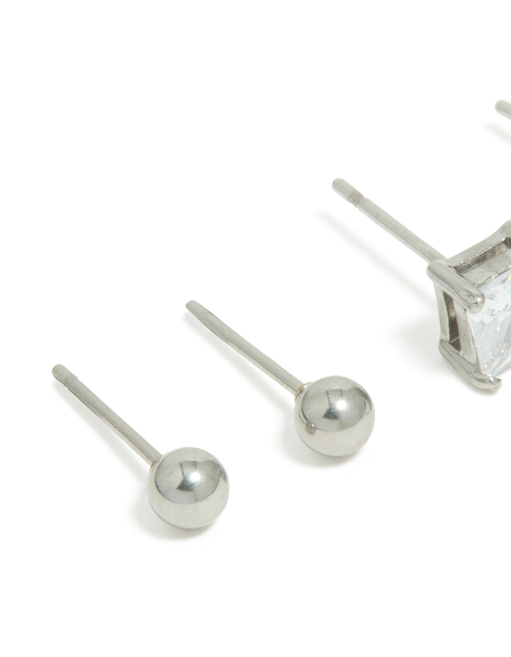 Mens Waterproof Stainless Steel Square Cubic Zirconia & Ball Earrings 2 Pack