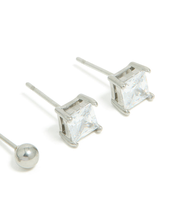 Mens Waterproof Stainless Steel Square Cubic Zirconia & Ball Earrings 2 Pack