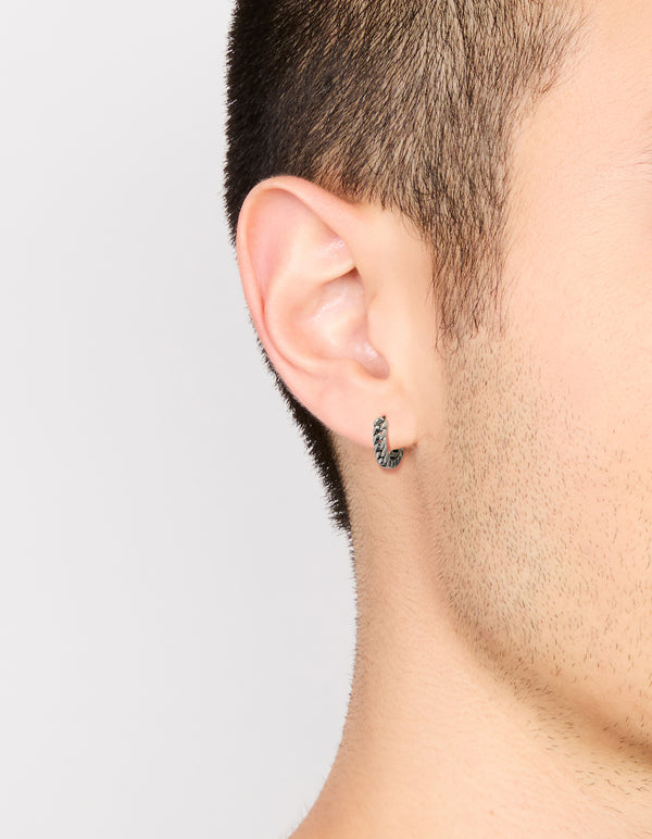 Showcasing mens stainless steel chain detail huggie earrings with closure in silver front view