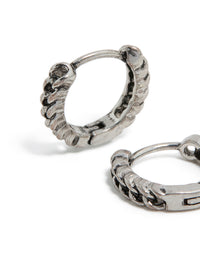 Featuring mens stainless steel chain detail huggie earrings with closure in silver close up view - link has visual effect only