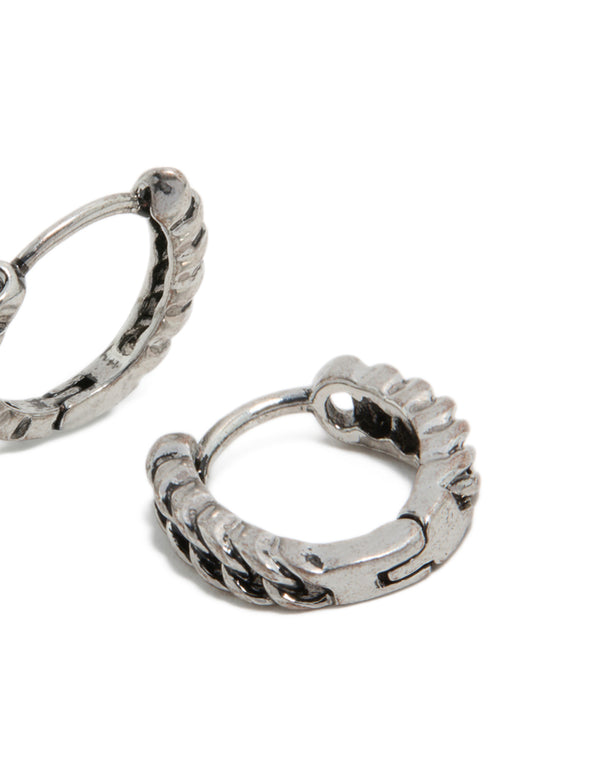 Crafted from mens stainless steel chain detail huggie earrings with closure in silver post detail view
