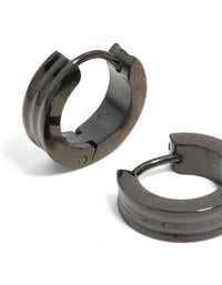 Mens Waterproof Black Coated Stainless Steel Ribbed Huggie Earrings - link has visual effect only