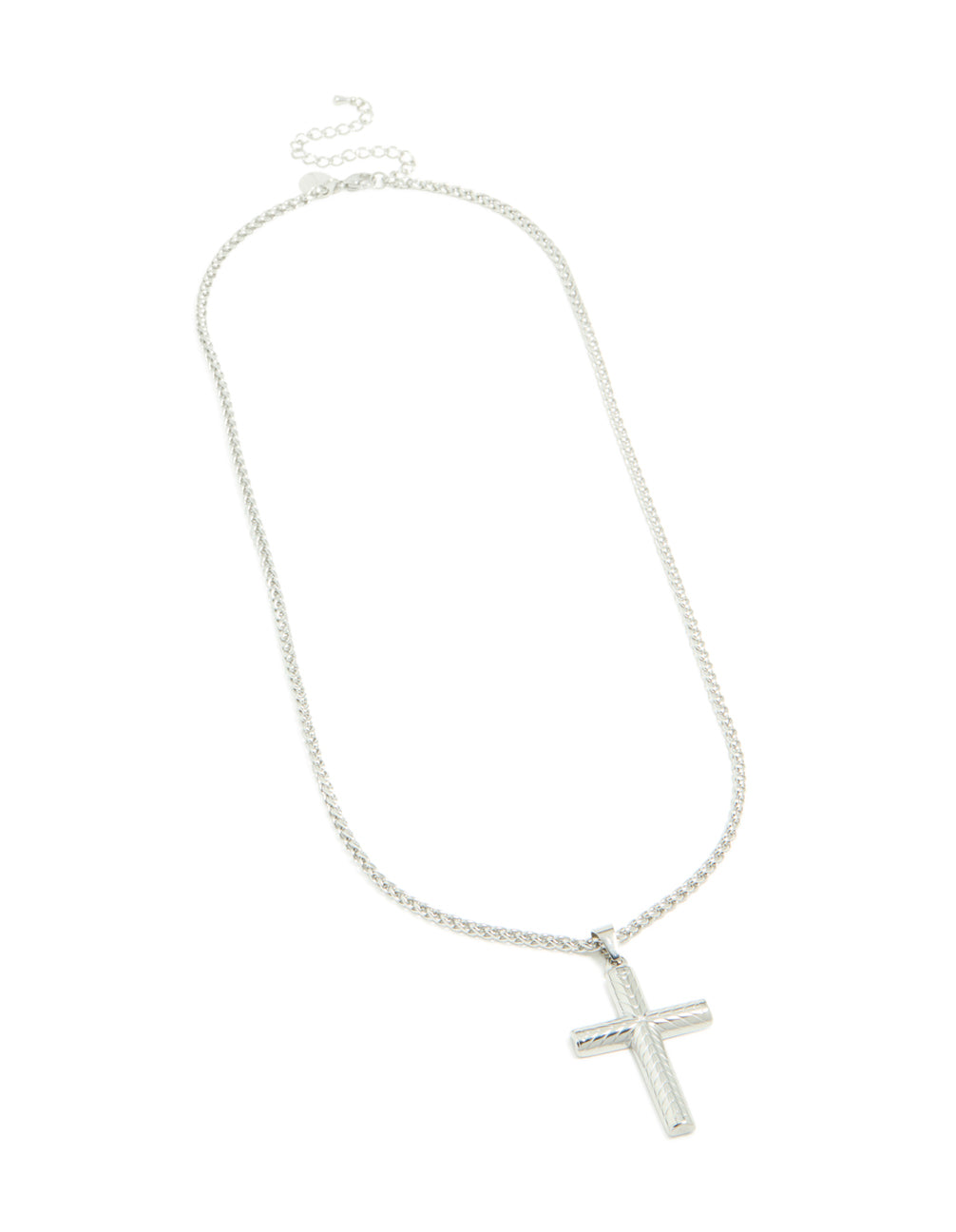 Featuring a mens waterproof detailed cross pendant necklace with stainless steel and silver front view