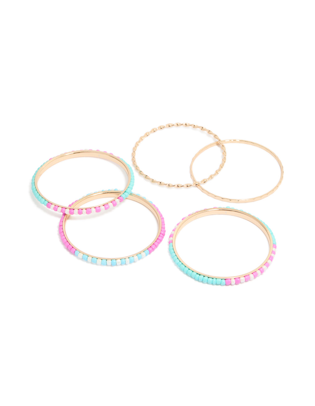 Showcasing a set of five beaded bangles in gold, pink and blue accents in front view