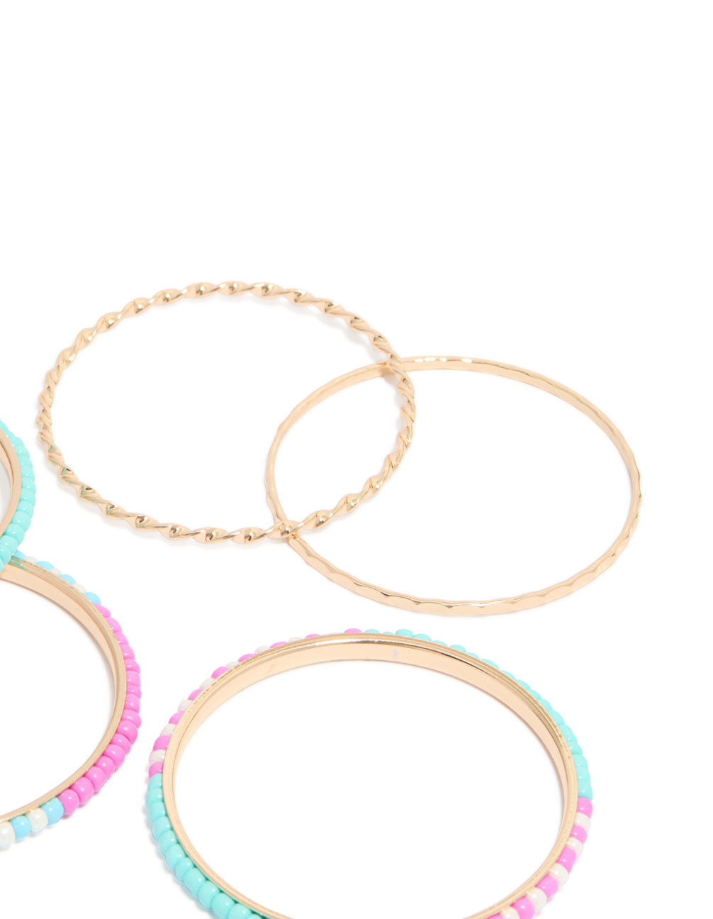 Vibrant beaded bangle set featuring gold, pink and blue accents in close up view