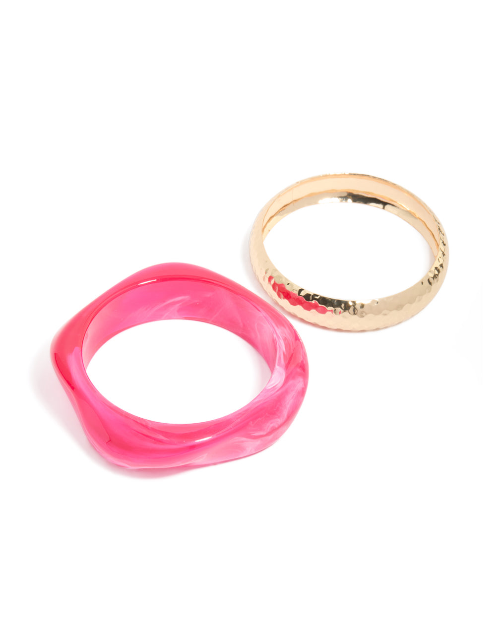 Showcasing a 2-pack of acrylic bangles in hot pink and gold front view