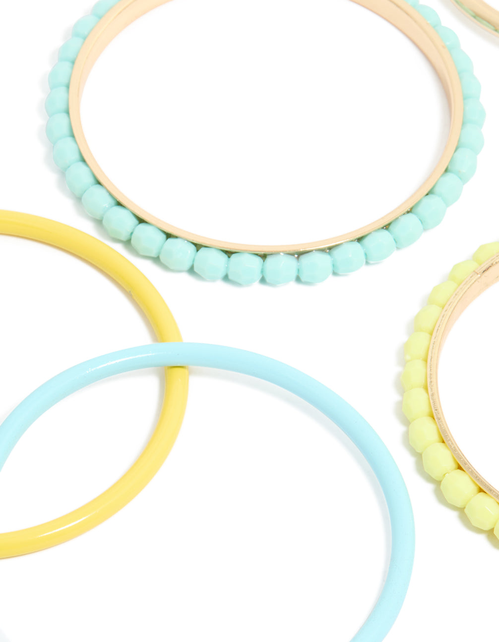 Featuring beaded acrylic bangles in gold, blue and yellow 6-pack in close up view