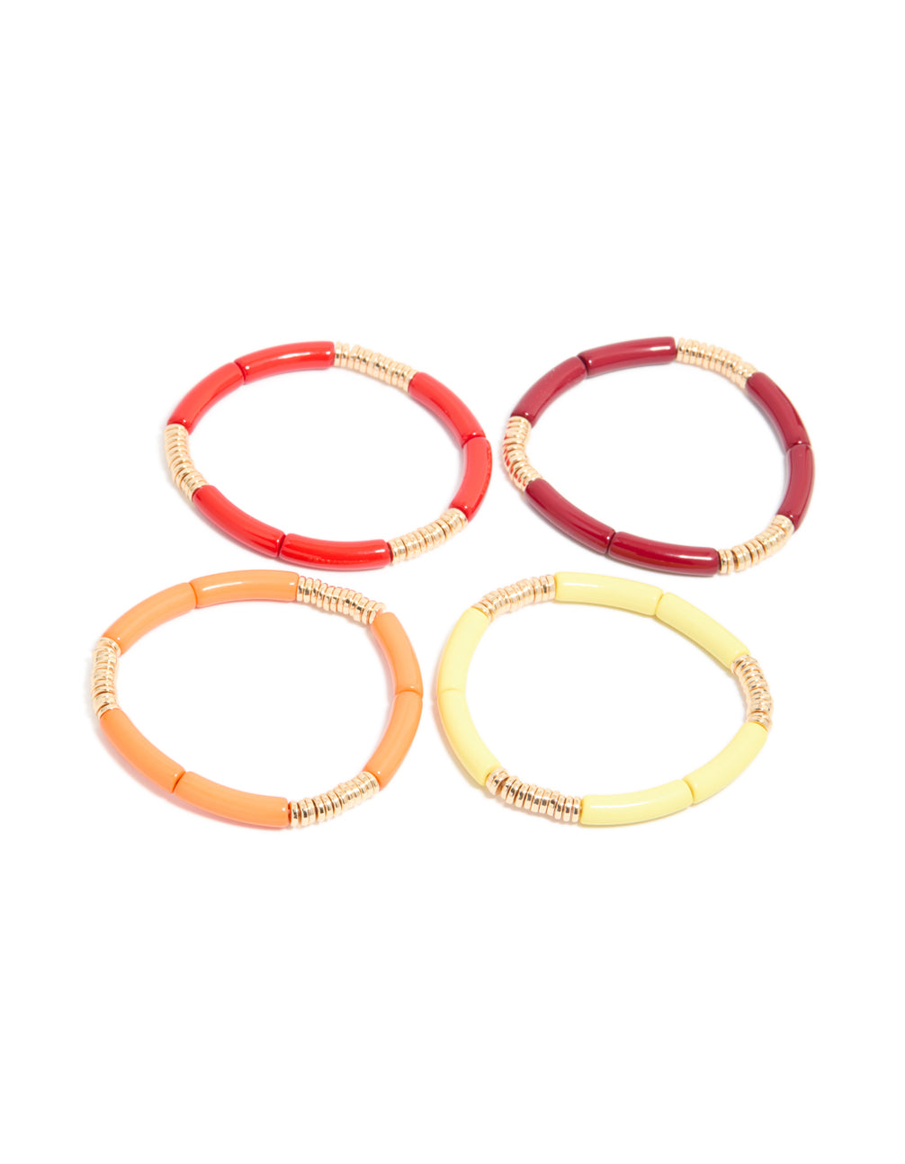 Discover multicolored acrylic bracelets with beads features in gold rings 4-pack with front view