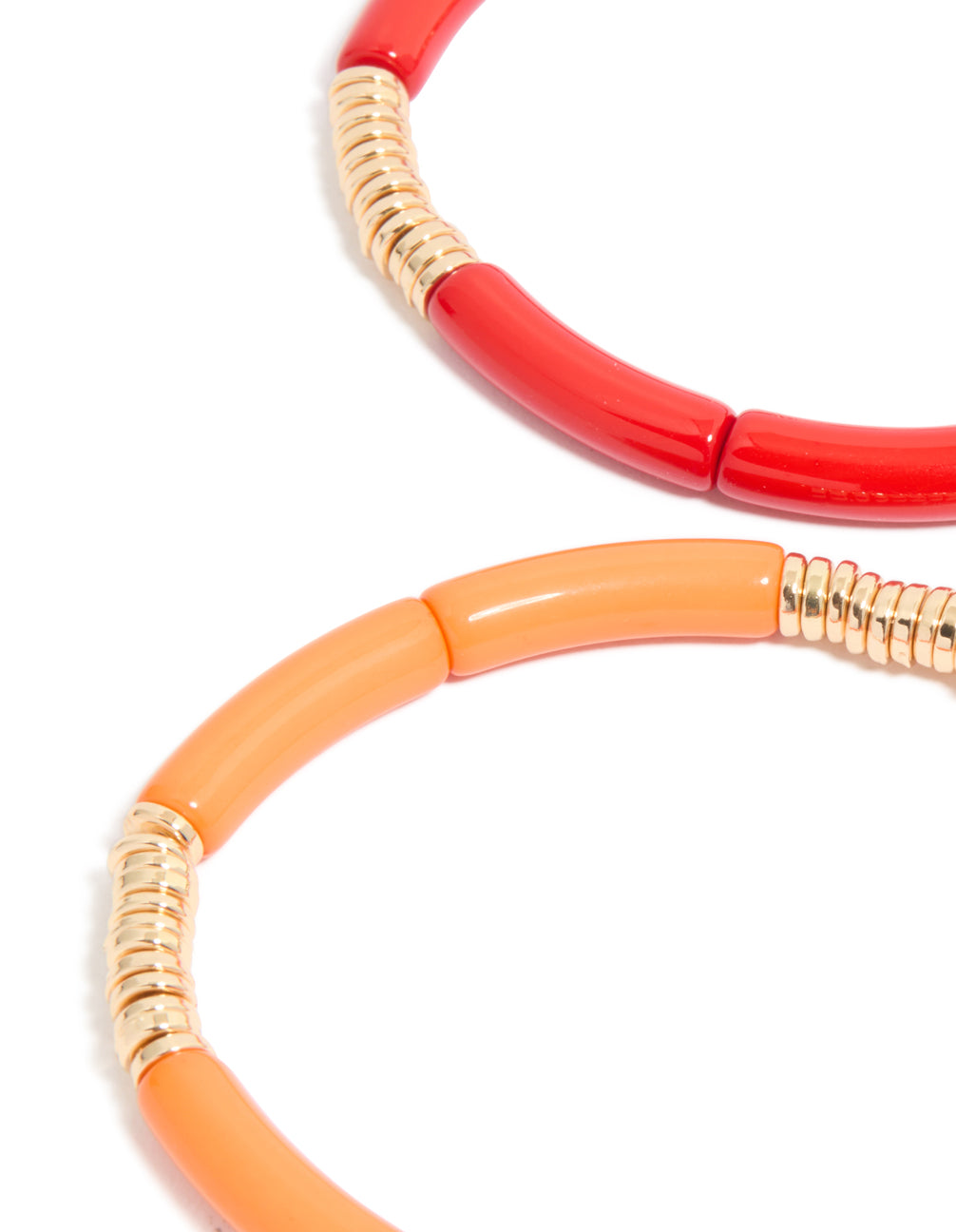 Featuring multicolored acrylic bracelets with beads feature in gold rings 4-pack with close up view