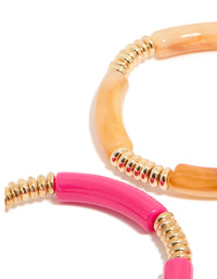 Showcasing brown and pink acrylic stretch bracelets in a 4-pack with gold accents close up view - link has visual effect only