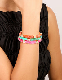 Worn Gold Pink & Turquoise Acrylic Stretch Link Bracelets 3-Pack - link has visual effect only