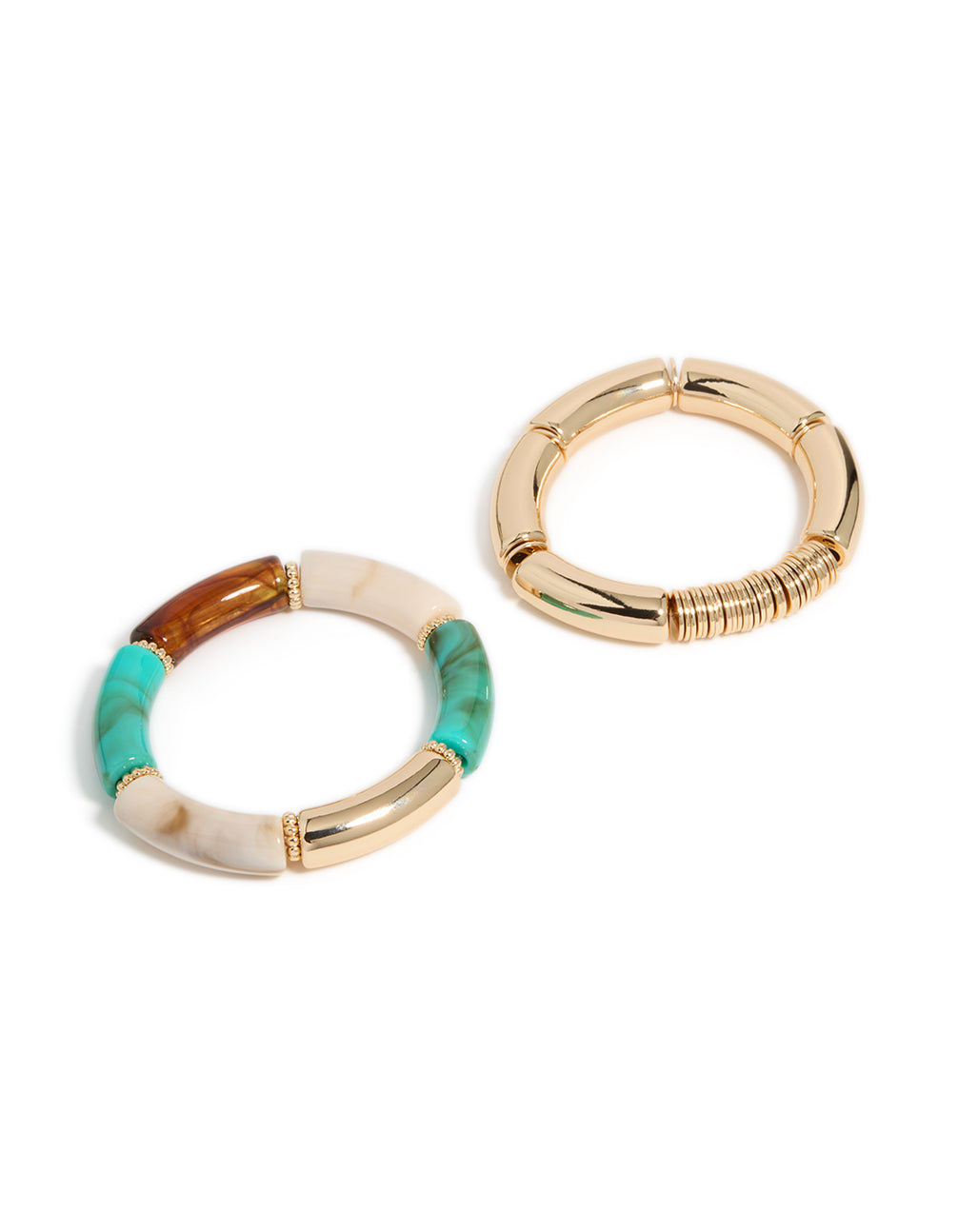 Discover gold with rings and acrylic stretch bracelets 2-pack featuring turquoise accents in front view