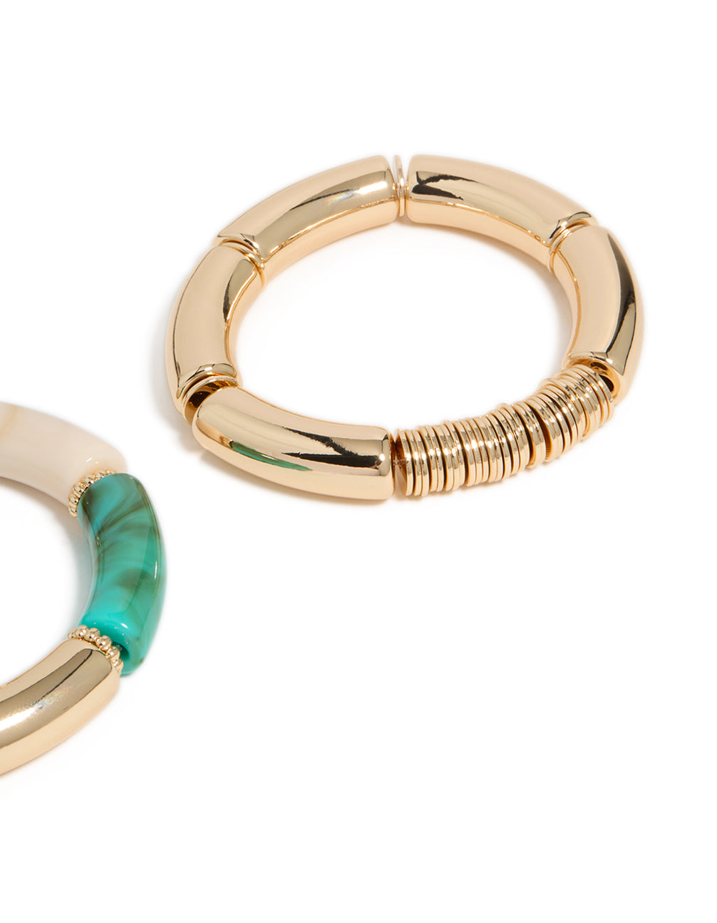 Explore gold with rings and acrylic stretch bracelets 2-pack featuring turquoise accents in close up view