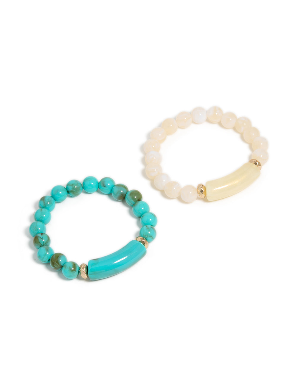Explore turquoise and neutral beaded stretch bracelets in a 2-pack with gold accents in front view