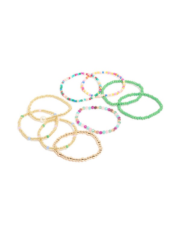 Discover multicoloured beaded stretch bracelets 9-pack featuring pearl and gold accents in light green, light pink, and aqua front view