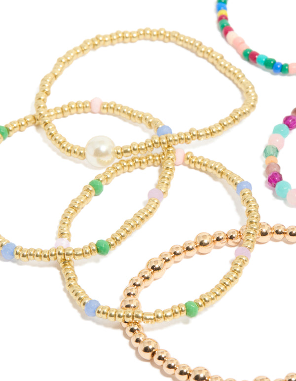 Crafted with multicoloured beaded stretch bracelets 9-pack showcasing pearl details in gold, light green, light pink, and aqua close up view