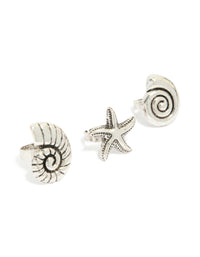 Showcasing antique silver sea-life large rings in a 3-pack, featuring charm shells and ocean-inspired motifs with a bold, statement style front view - link has visual effect only
