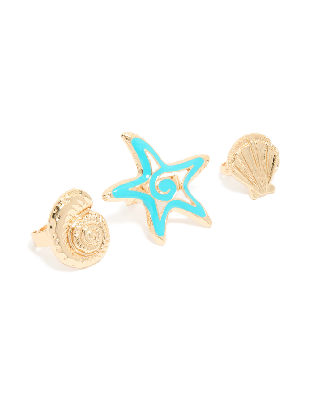 Discover gold light blue enamel and sea life rings in a 3-pack with animal ocean charm shell statement front