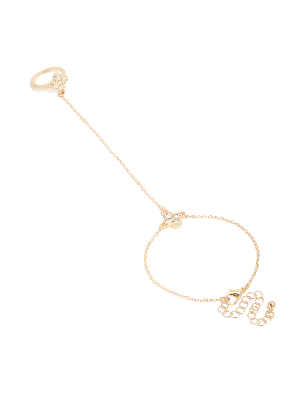 Showcasing a gold diamante flower and fixed ring hand chain in dainty statement style front view