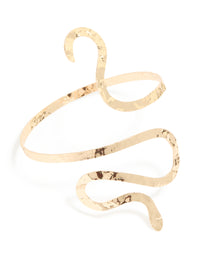 Elegantly crafted snake swirl arm cuff in statement gold, front view - link has visual effect only