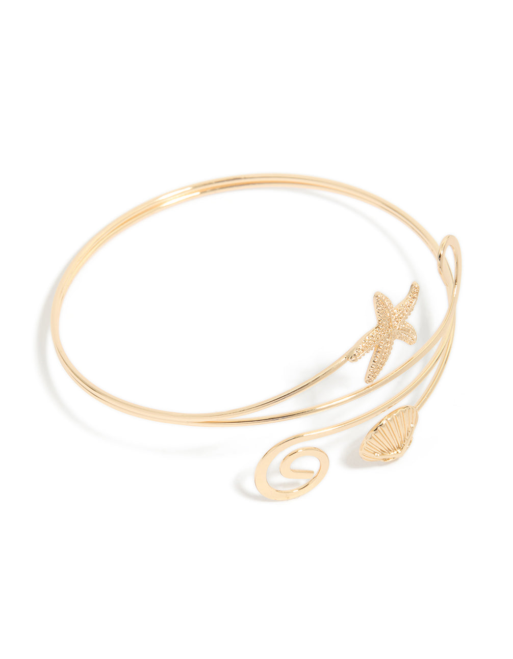 Showcasing a gold starfish and shell arm cuff featuring animal and ocean-inspired design in front view
