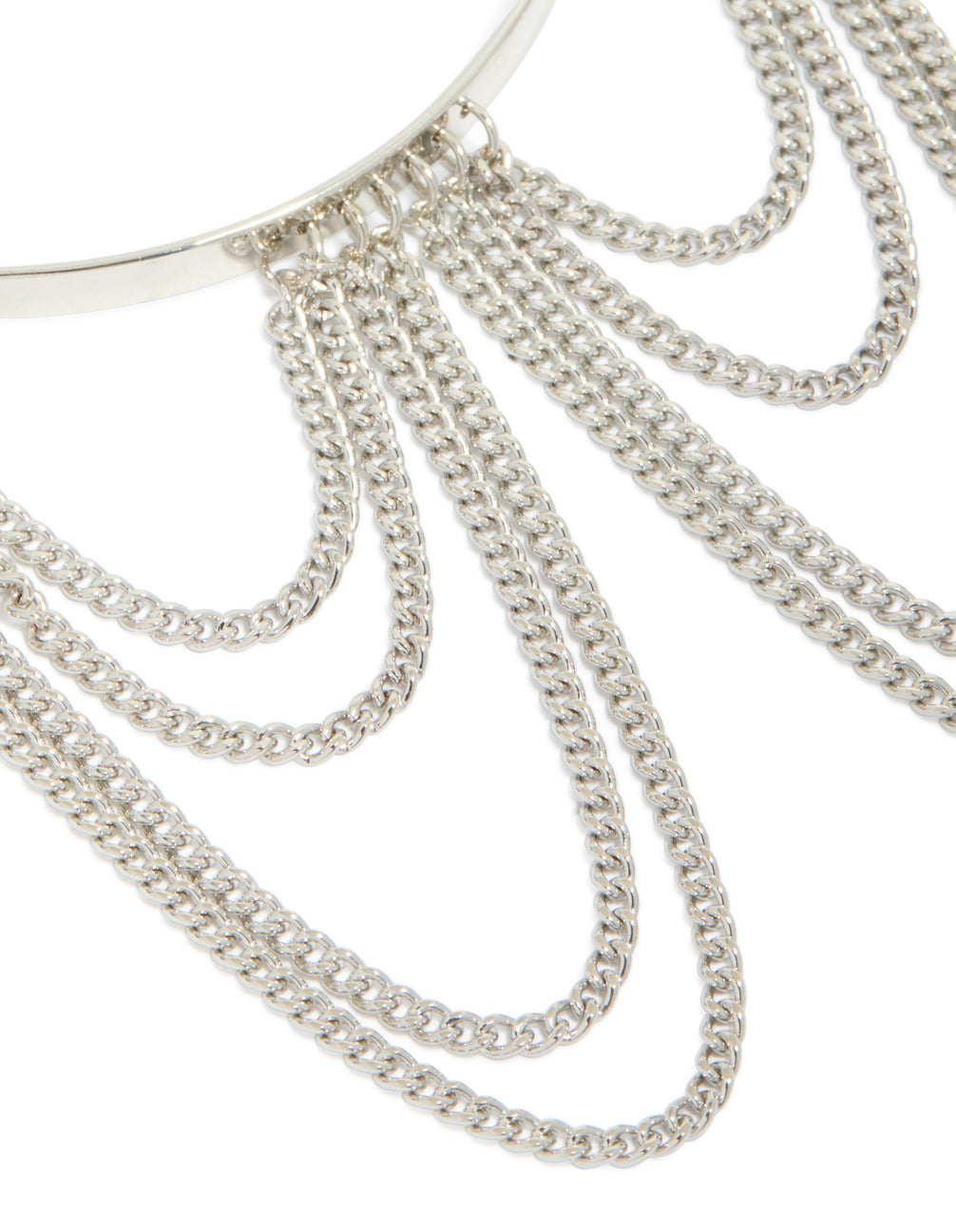 Crafted from silver with diamante chains drop arm cuff featuring statement style in close up view