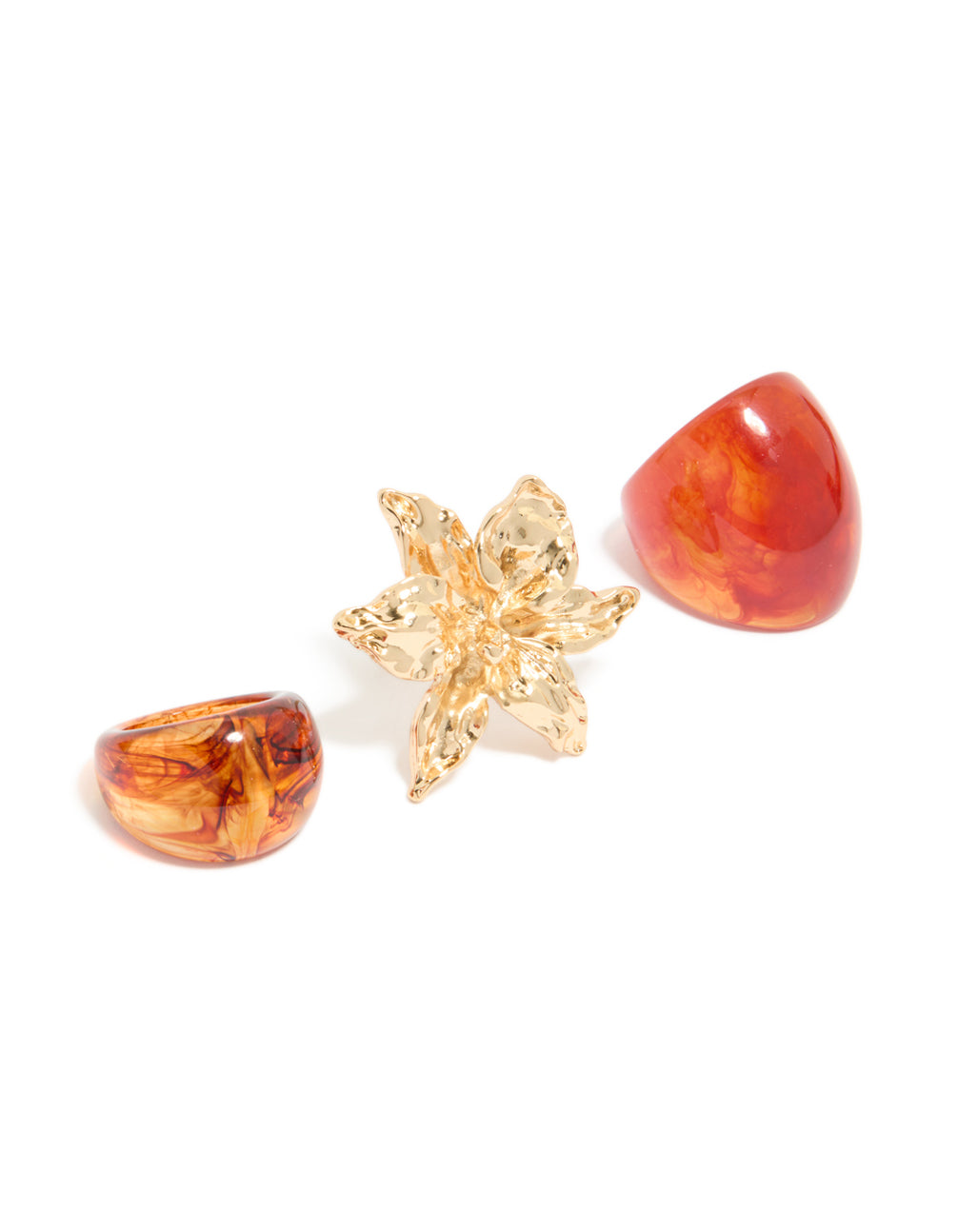 Explore the floral statement rings featuring coral, orange, and gold tones in a 3-pack front view