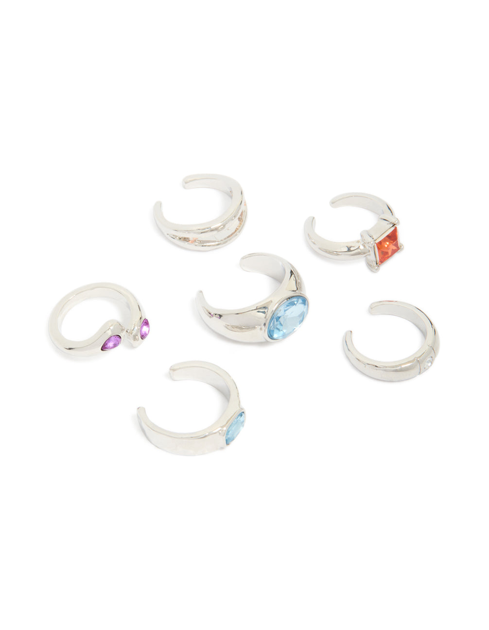 Showcasing silver multi coloured diamante chunky toe rings in a 6-pack front view