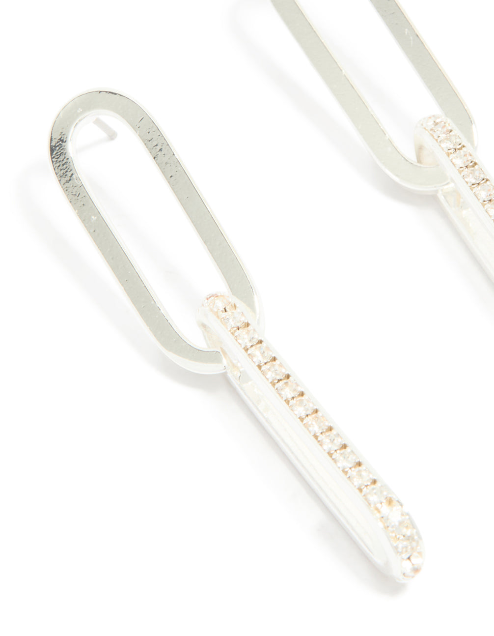 Highlighting silver plated double rectangle diamante stud earrings in close up view