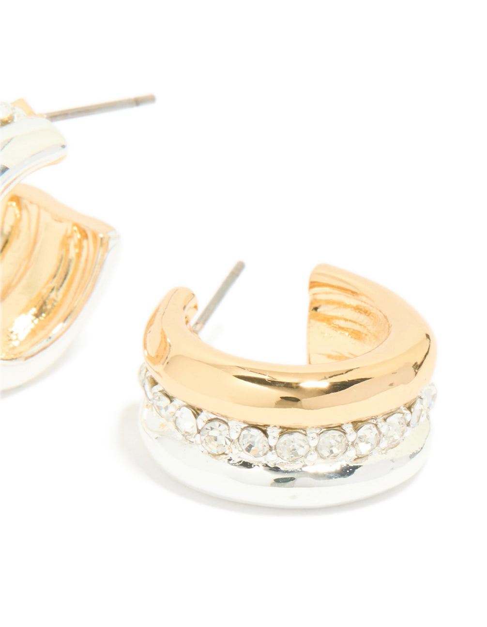 Crafted from mixed metal plated cubic zirconia detailed huggie earrings in gold, silver, and white post detail view