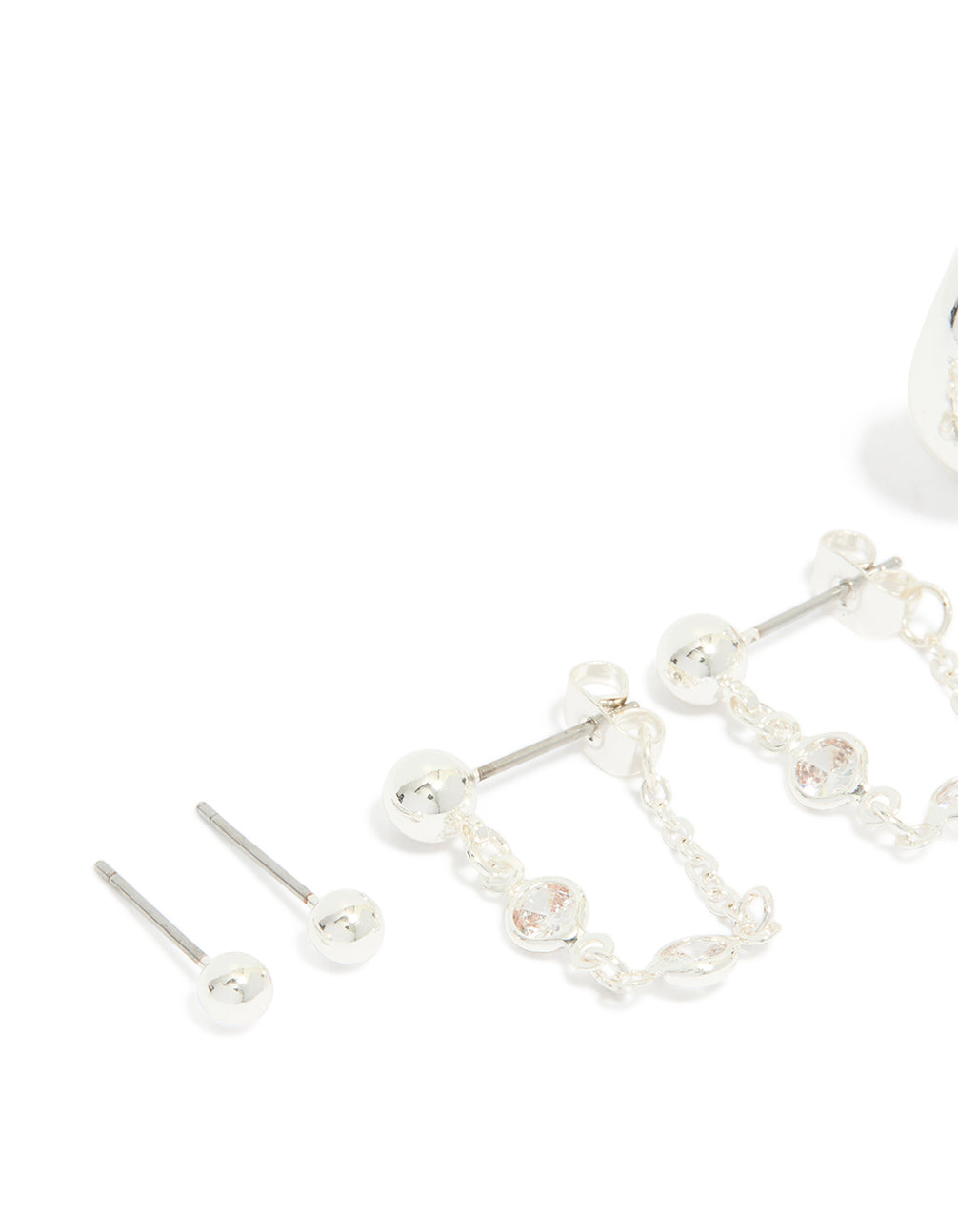 Featuring silver plated chain and huggie earrings 4-pack in stud closures close up view