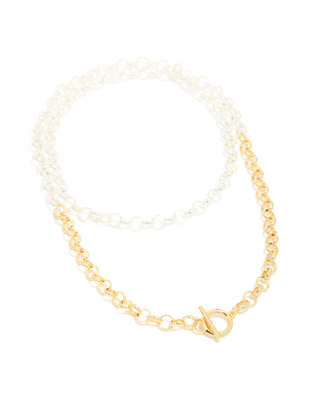 Featuring a statement mixed metal plated chain and toggle clasp layered necklace in gold and silver front view