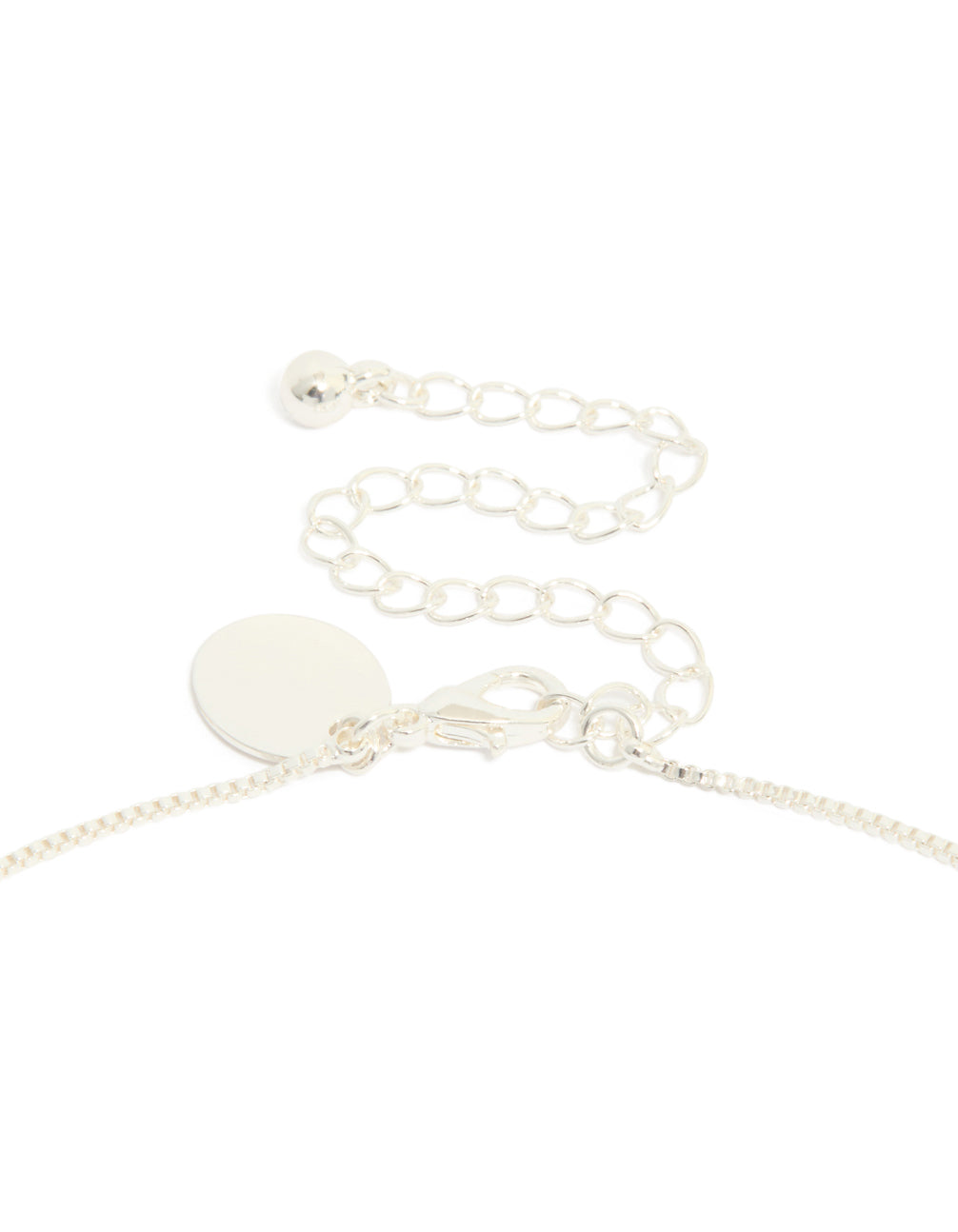 This silver plated fine chain necklace features a dainty diamante cross pendant clasp detail view