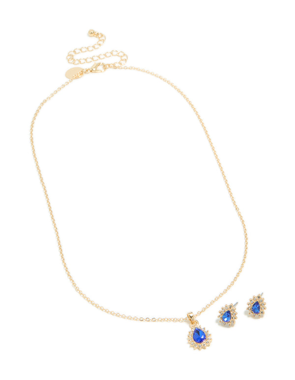 Gold Sapphire Diamante Pear Necklace & Earrings Set