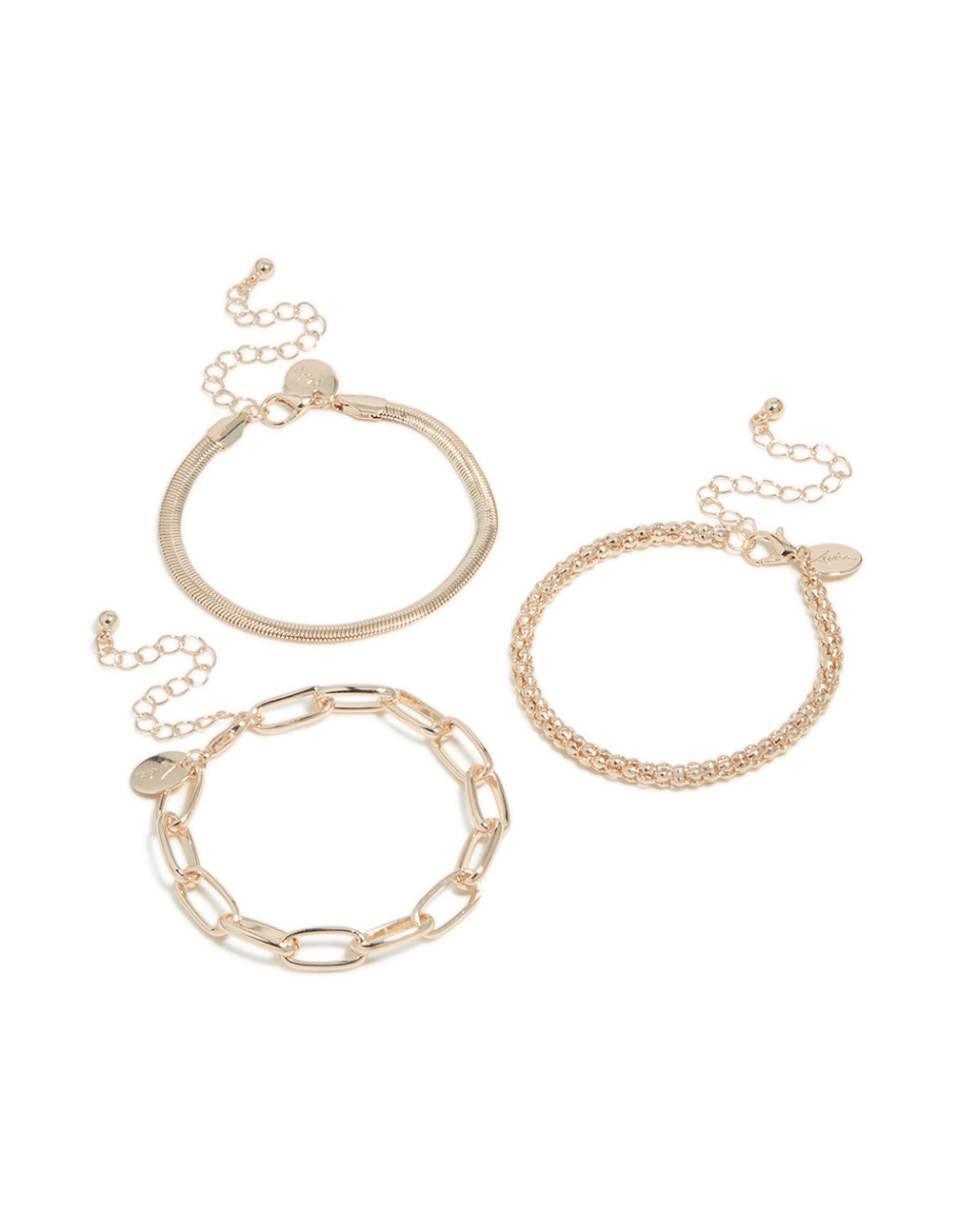 Introducing a rose gold mixed chains bracelet 3-pack in front view