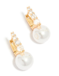 Gold Plated Cubic Zirconia & Pearl Huggie Earrings - link has visual effect only