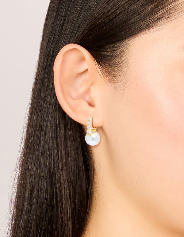 Gold Plated Cubic Zirconia & Pearl Huggie Earrings