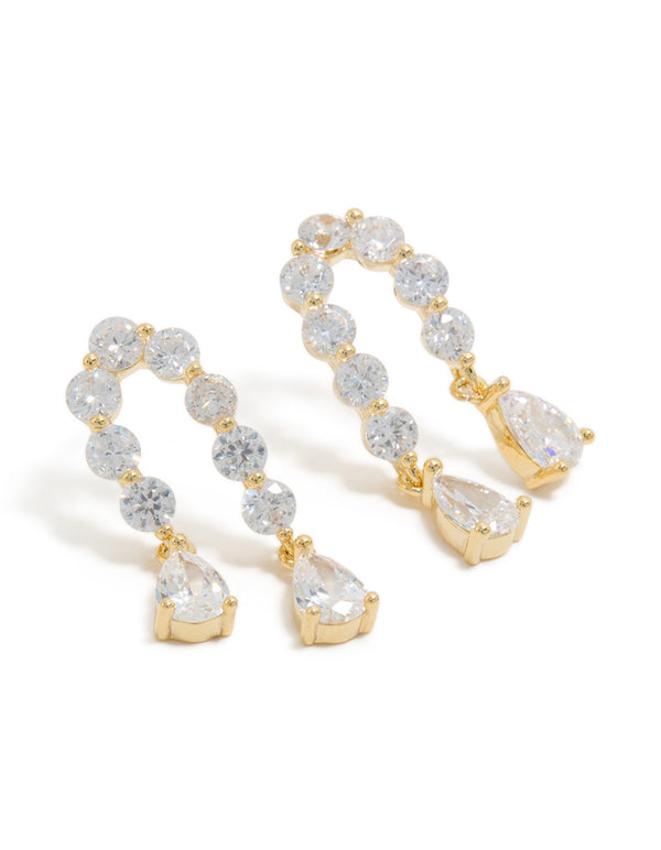Gold Plated Cubic Zirconia Teardrop Double Drop Earrings