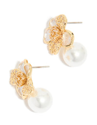 Gold Plated Cubic Zirconia Flower & Pearl Drop Earrings - link has visual effect only