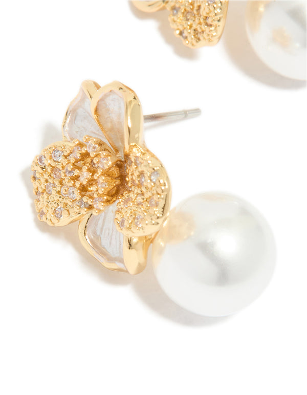 Gold Plated Cubic Zirconia Flower & Pearl Drop Earrings