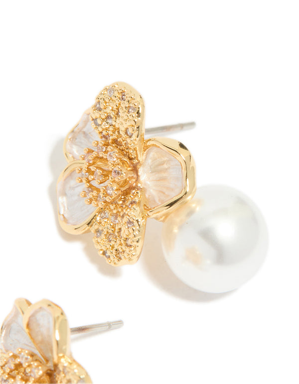 Gold Plated Cubic Zirconia Flower & Pearl Drop Earrings
